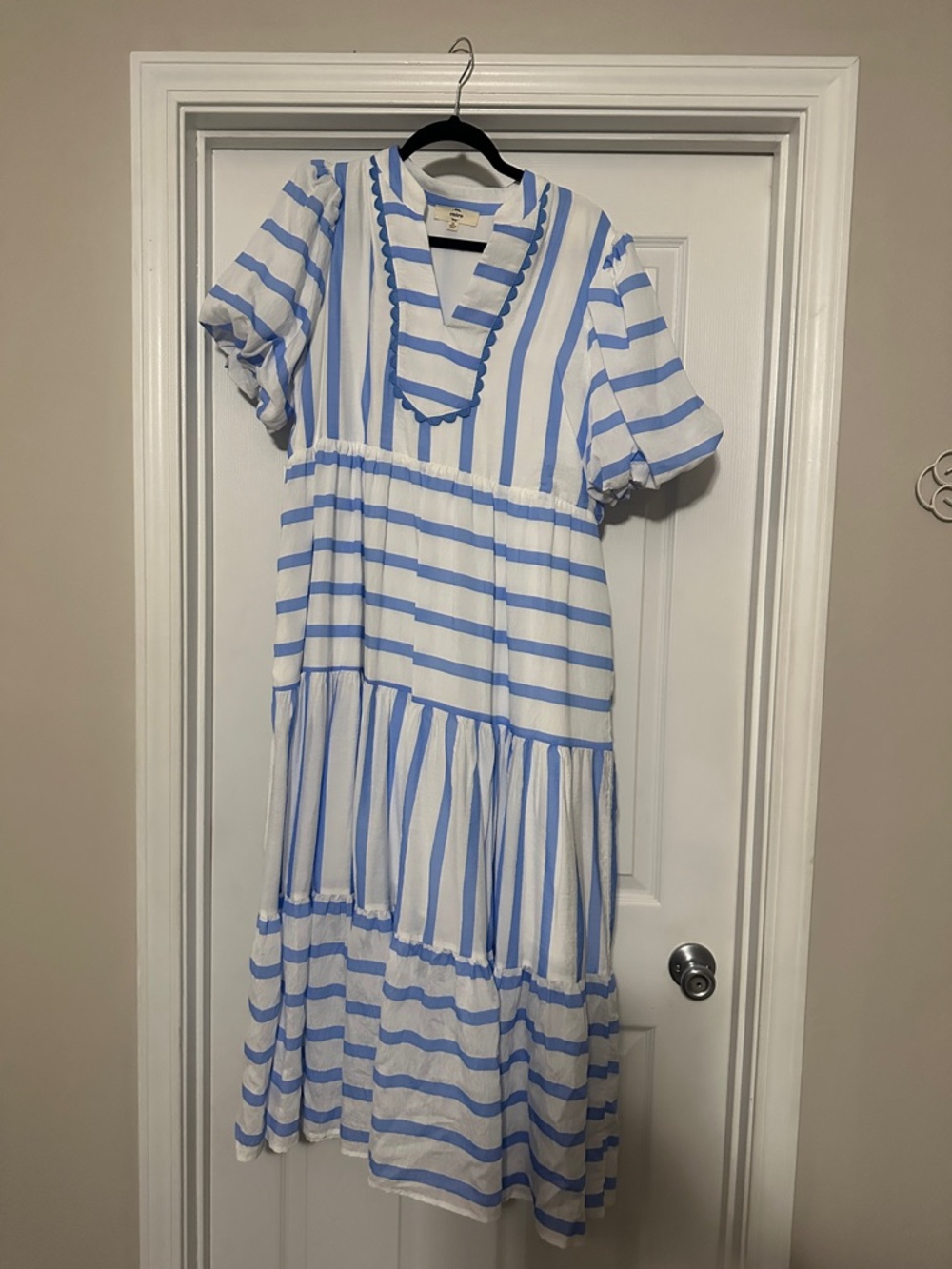 entro Light Blue and White Striped Tiered Maxi Dress